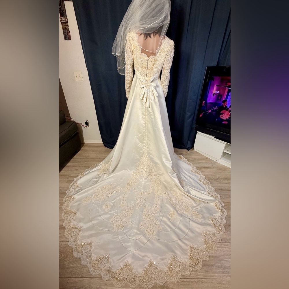 Ivory Off-Shoulder Wedding Dress with Gold Embroidery + Veil & Bouquet - Picture 9 of 16